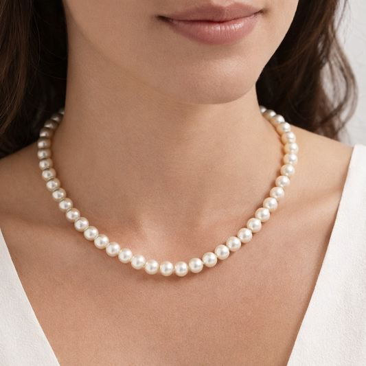 Collier Perles de Majorque blanches 8mm avec fermoir rond plaqué or - Atelier.Goldissim
